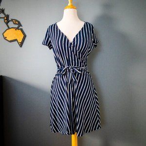 Rebel Sugar Striped A-Line Faux Wrap Navy Pinstripe Mini Dress